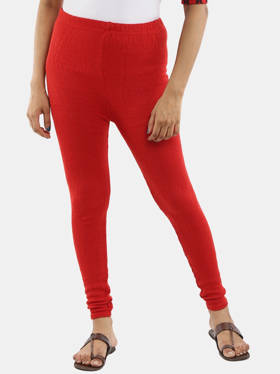 

V-Mart Self Design Acrylic Ankle-Length Leggings, Red