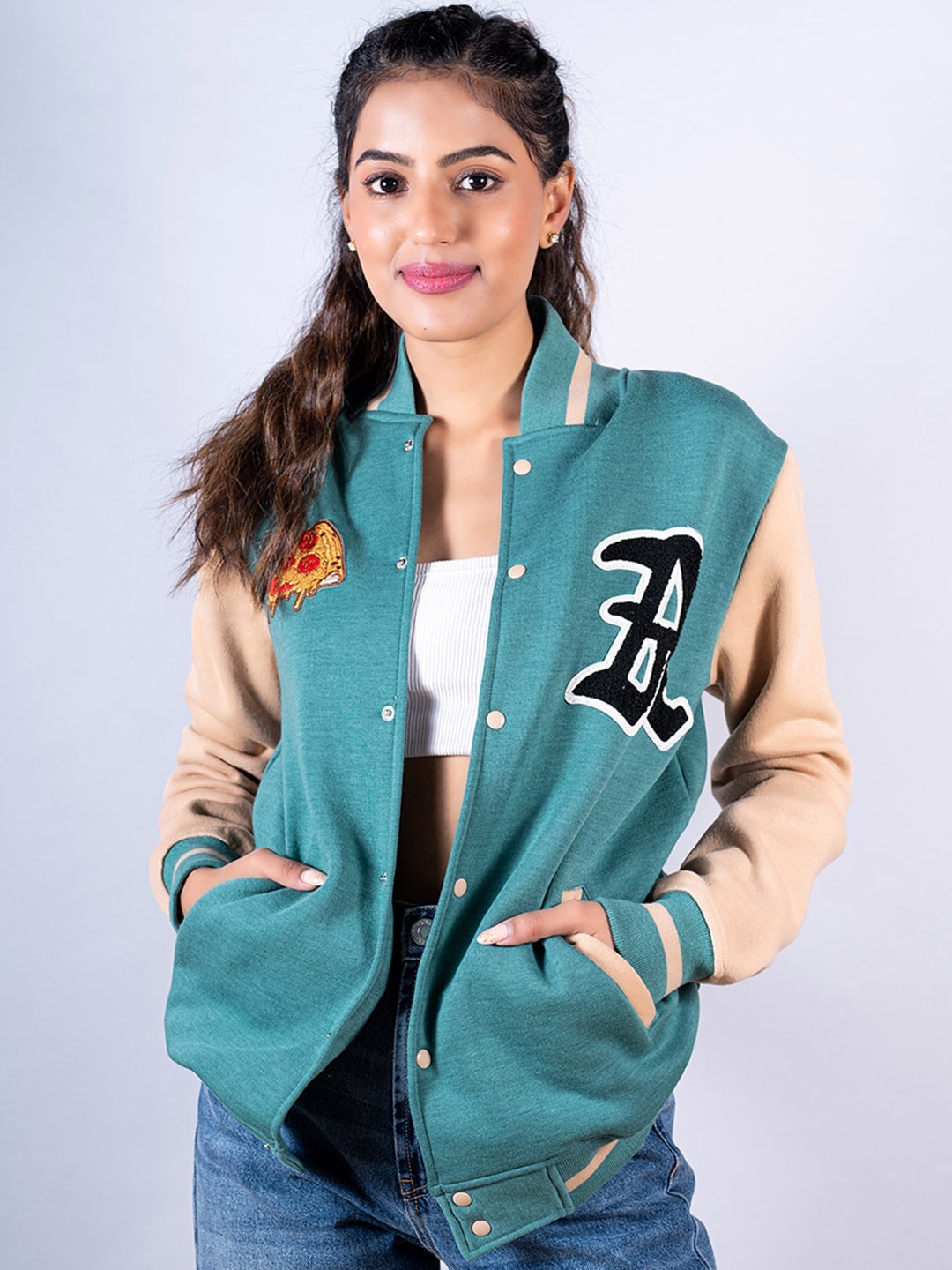 

Tistabene Women Lightweight Varsity Jacket with Patchwork, Green