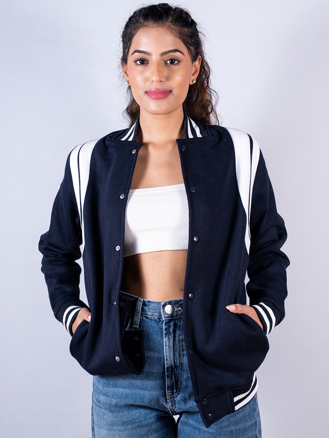

Tistabene Women Striped Lightweight Varsity Jacket, Blue