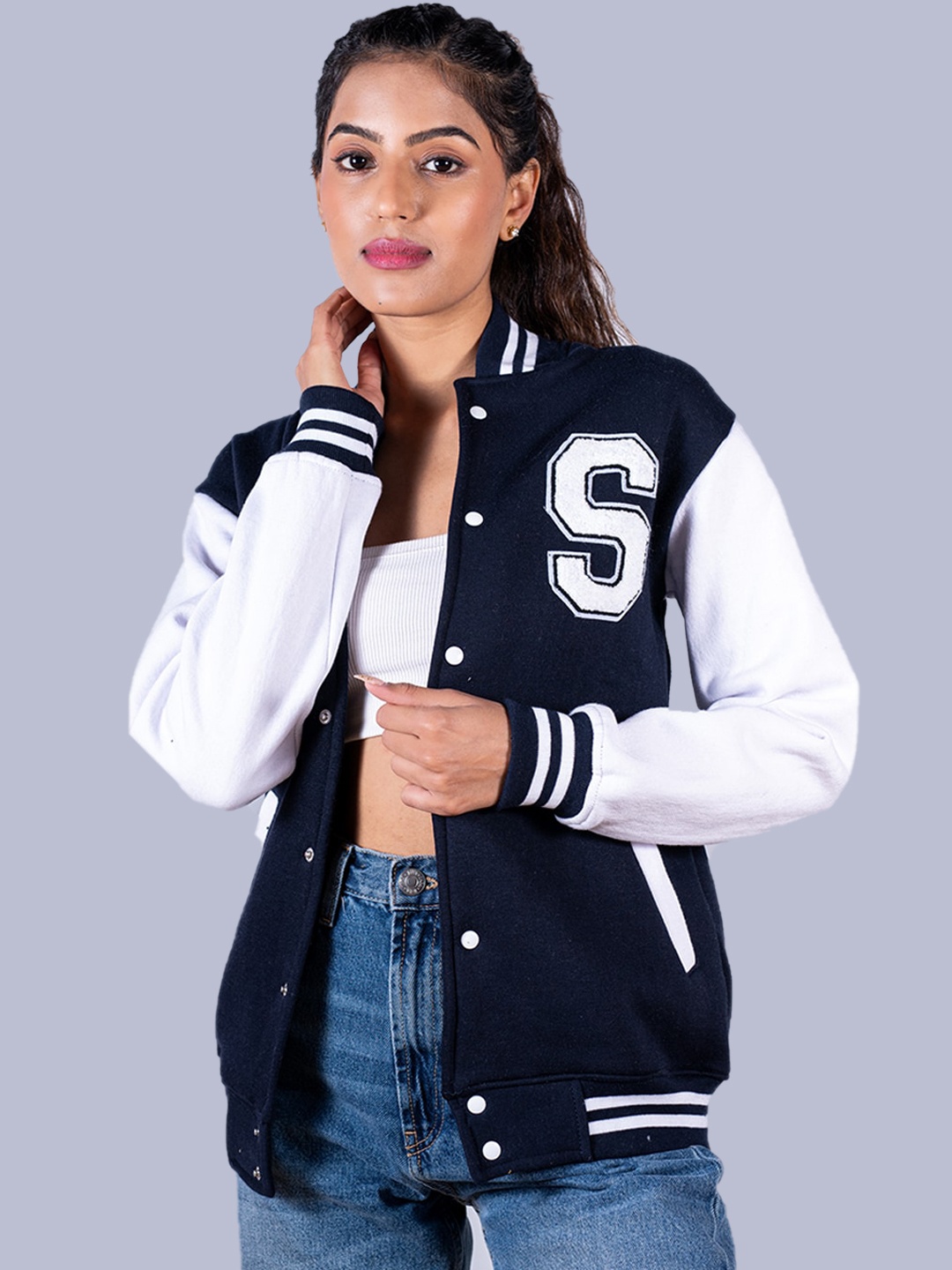 

Tistabene Women Blue Striped Lightweight Crop Tailored Jacket with Patchwork