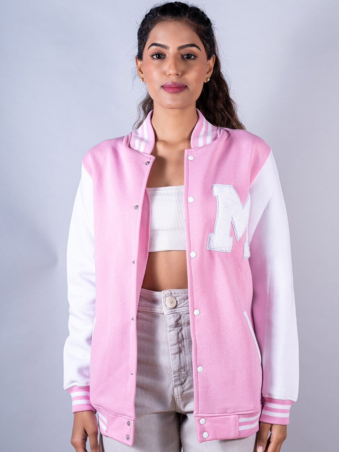 

Tistabene Women Colourblocked Cotton Longline Varsity Jacket, Pink