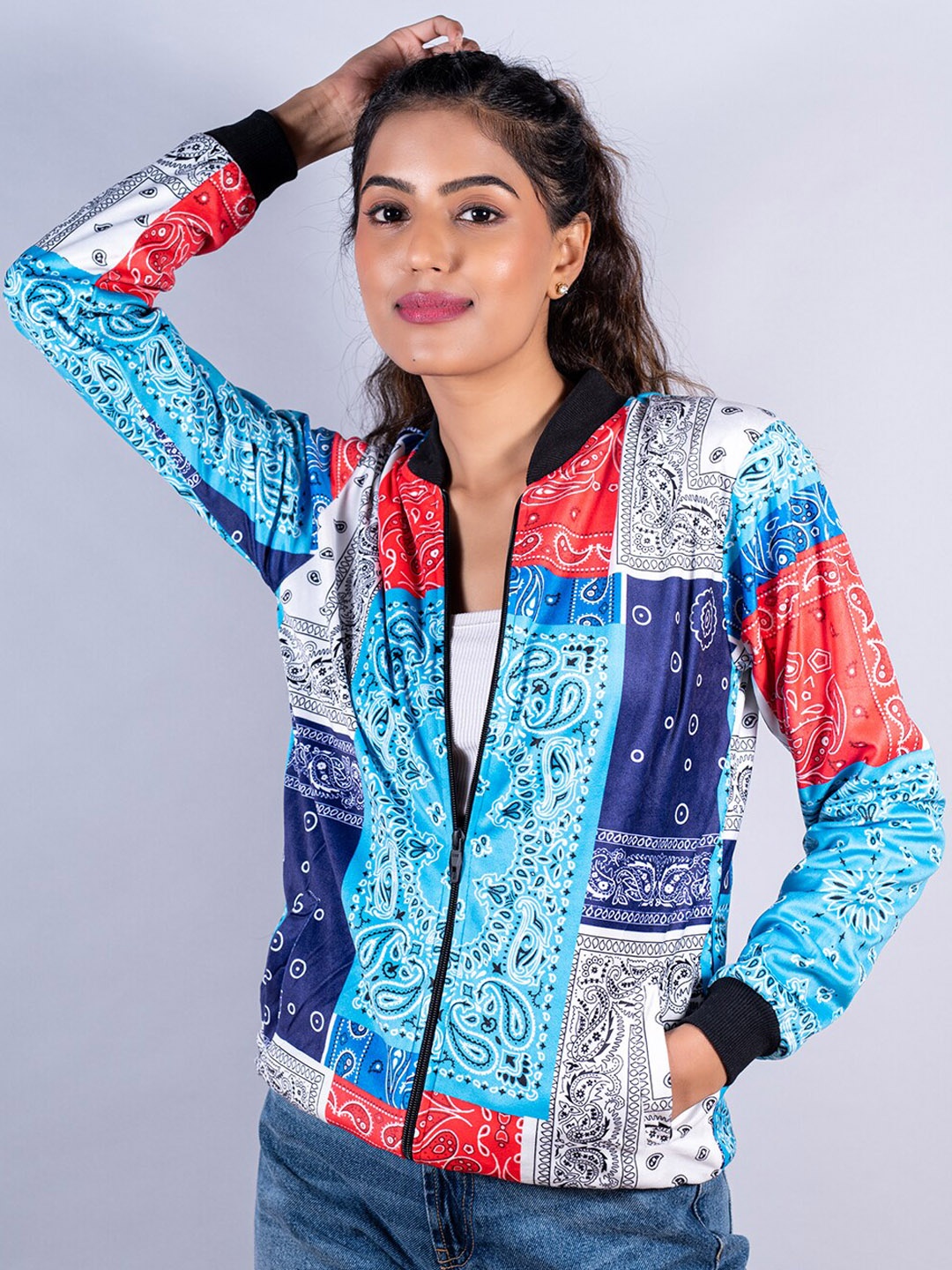 

Tistabene Women Printed Silk Open Front Jacket, Turquoise blue