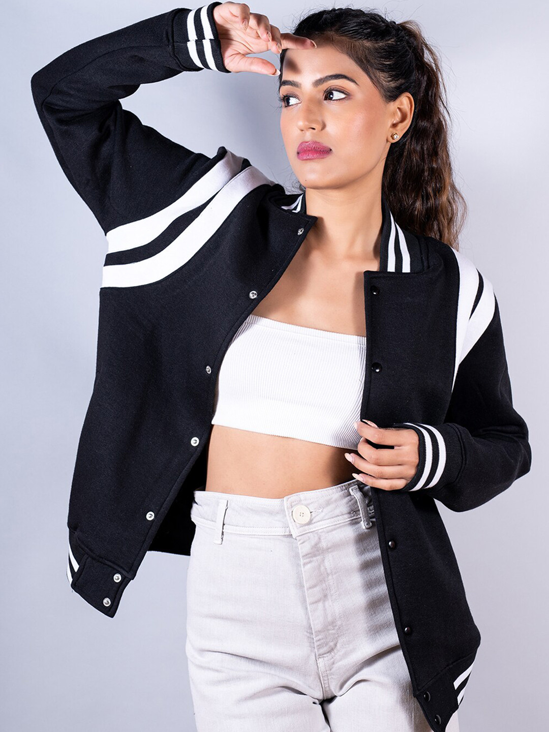 

Tistabene Women Colourblocked Cotton Varsity Jacket, Black