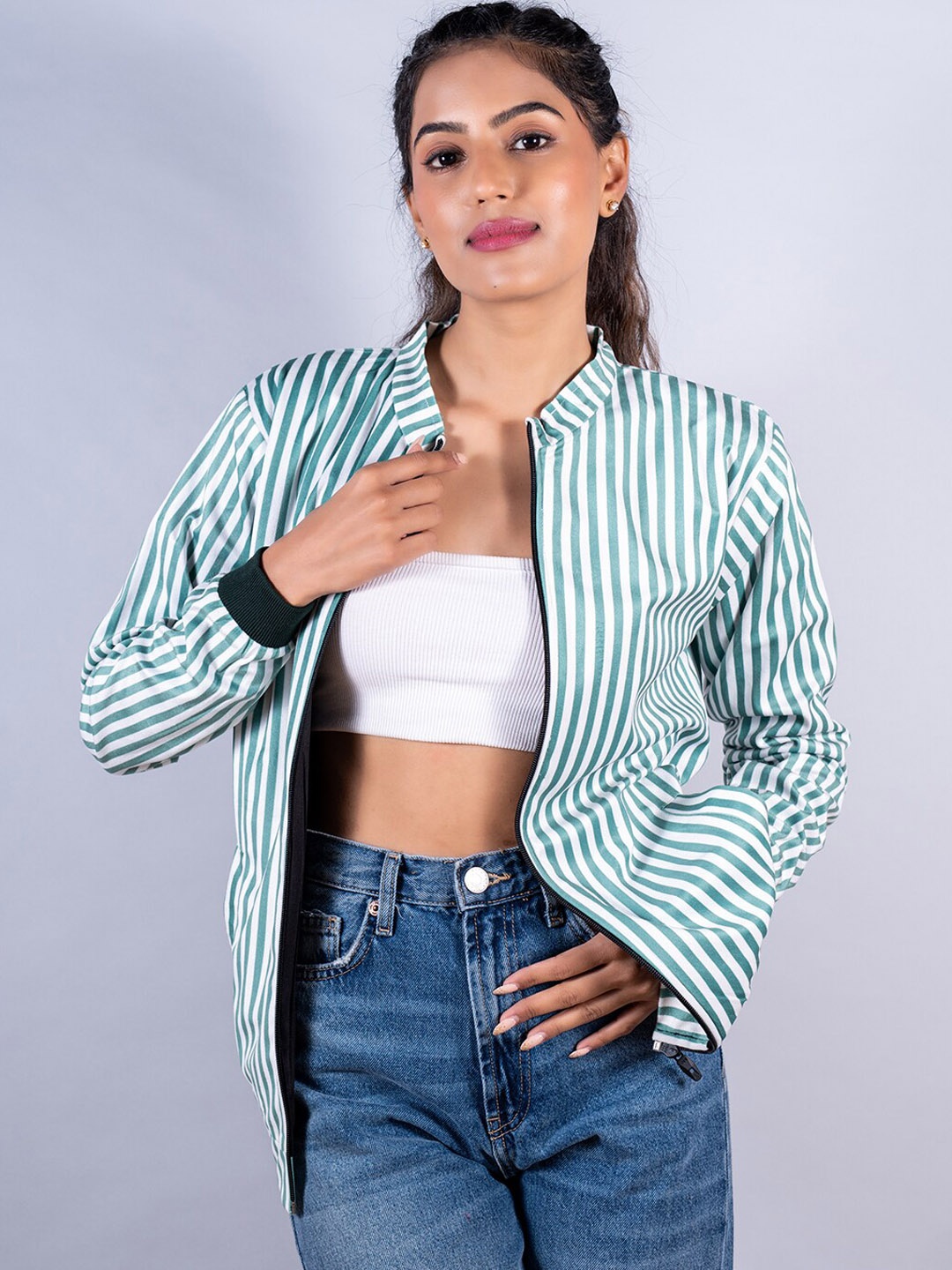 

Tistabene Women Striped Silk Open Front Jacket, White