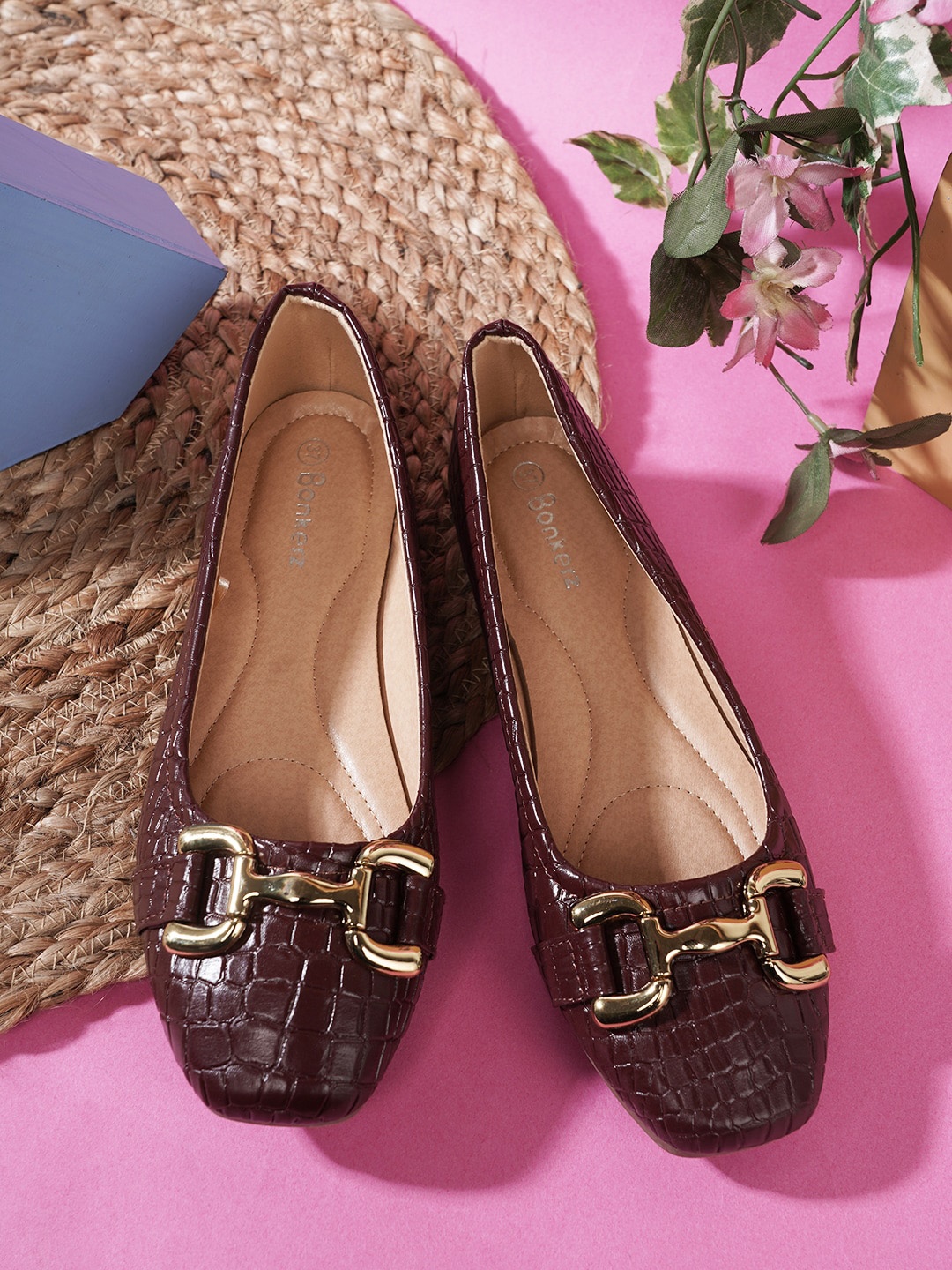 

ICONICS Women Textured Ballerinas With Bows, Maroon