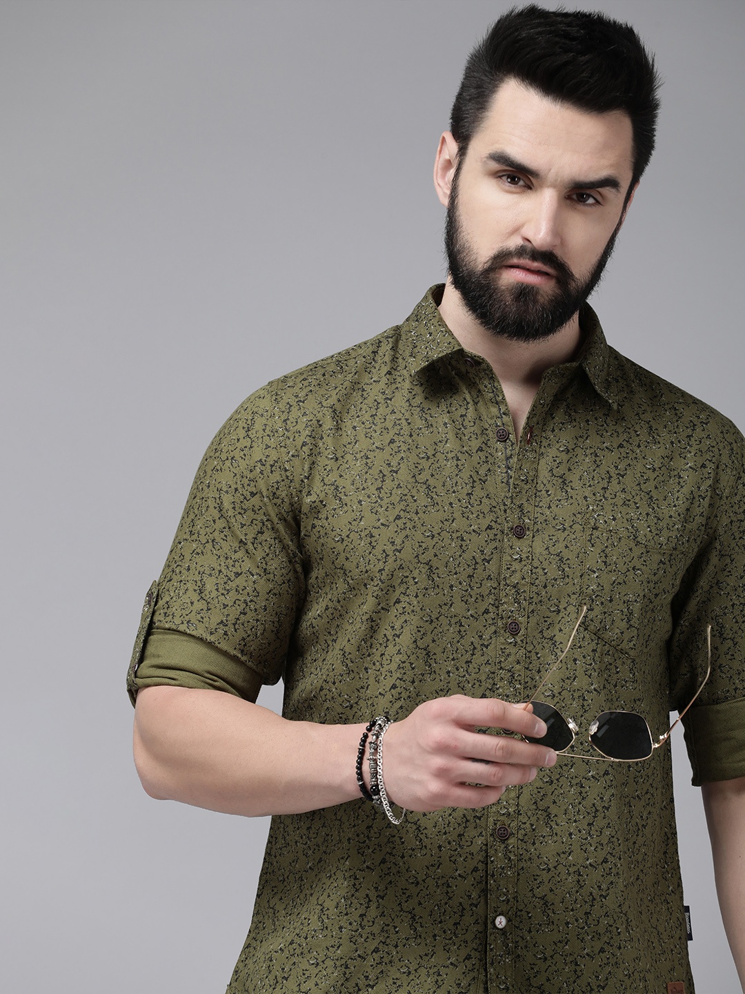 

The Roadster Lifestyle Co. Printed Pure Cotton Casual Shirt, Olive