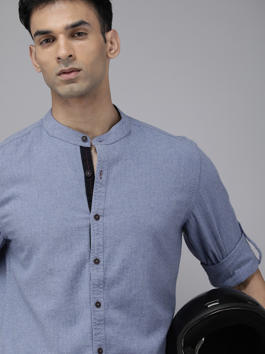 

The Roadster Life Co. Men Band Collar Pure Cotton Casual Shirt, Blue