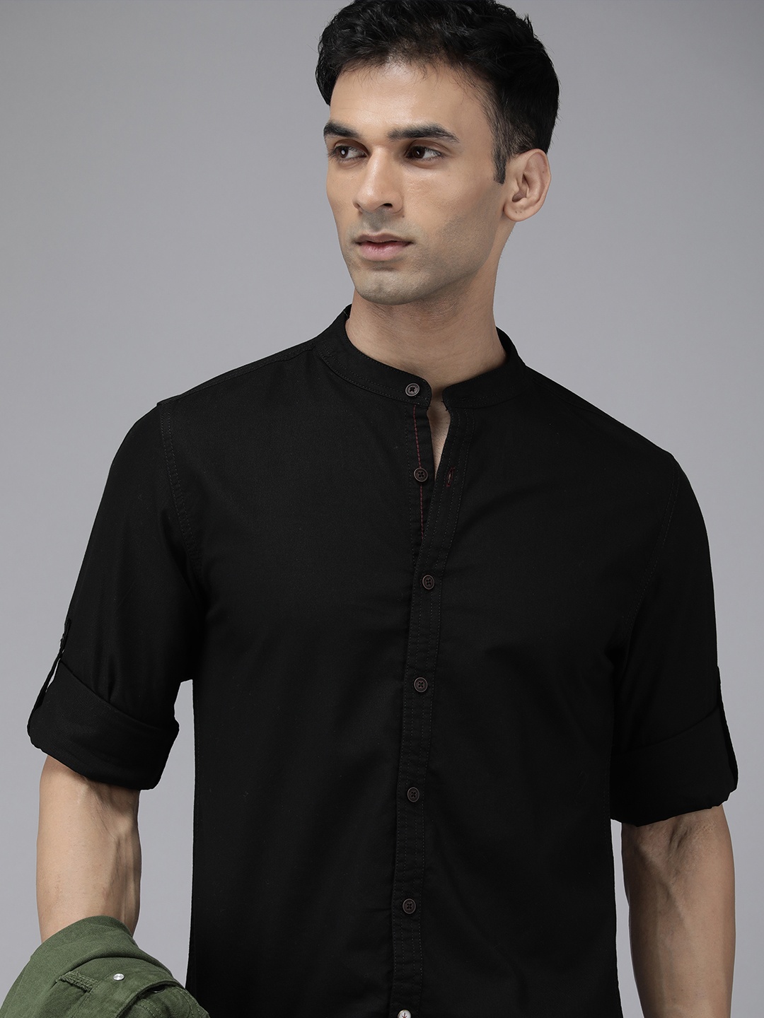

The Roadster Life Co. Men Band Collar Pure Cotton Casual Shirt, Black