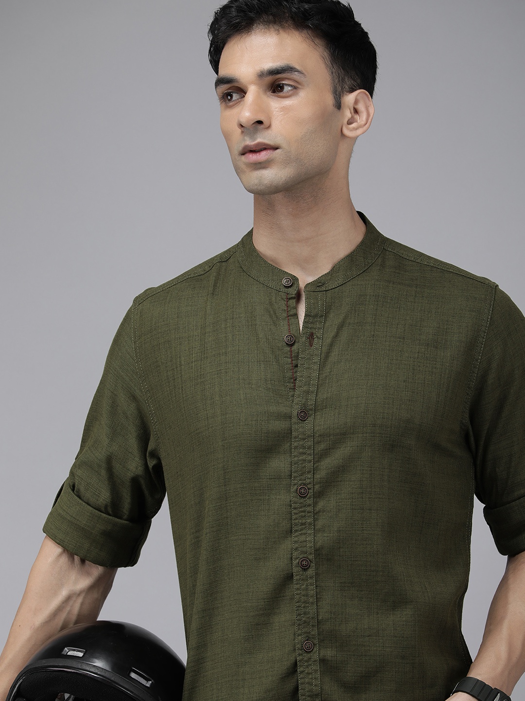 

The Roadster Life Co. Men Band Collar Pure Cotton Casual Shirt, Olive