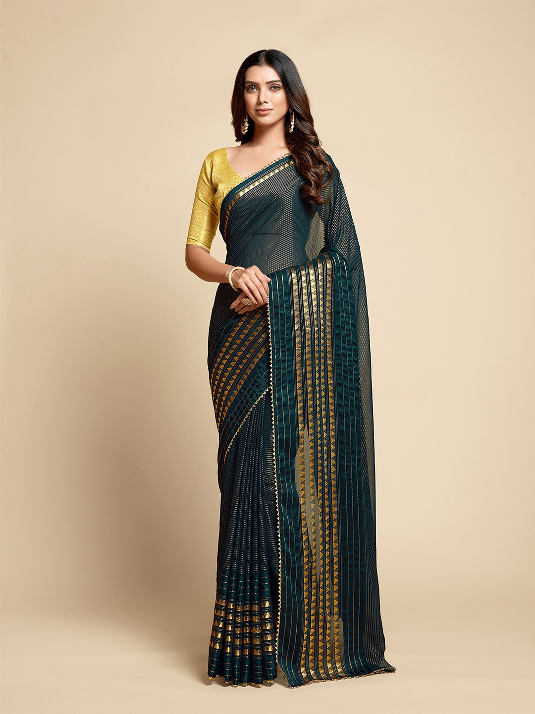 

Sangria Striped Zari Saree, Teal