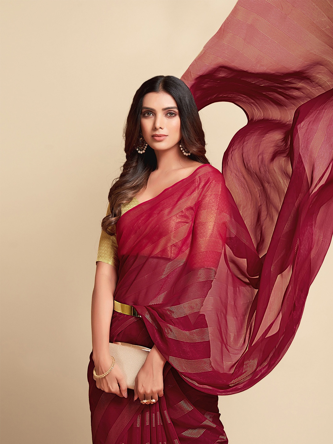 

Sangria No Border Striped Saree, Maroon