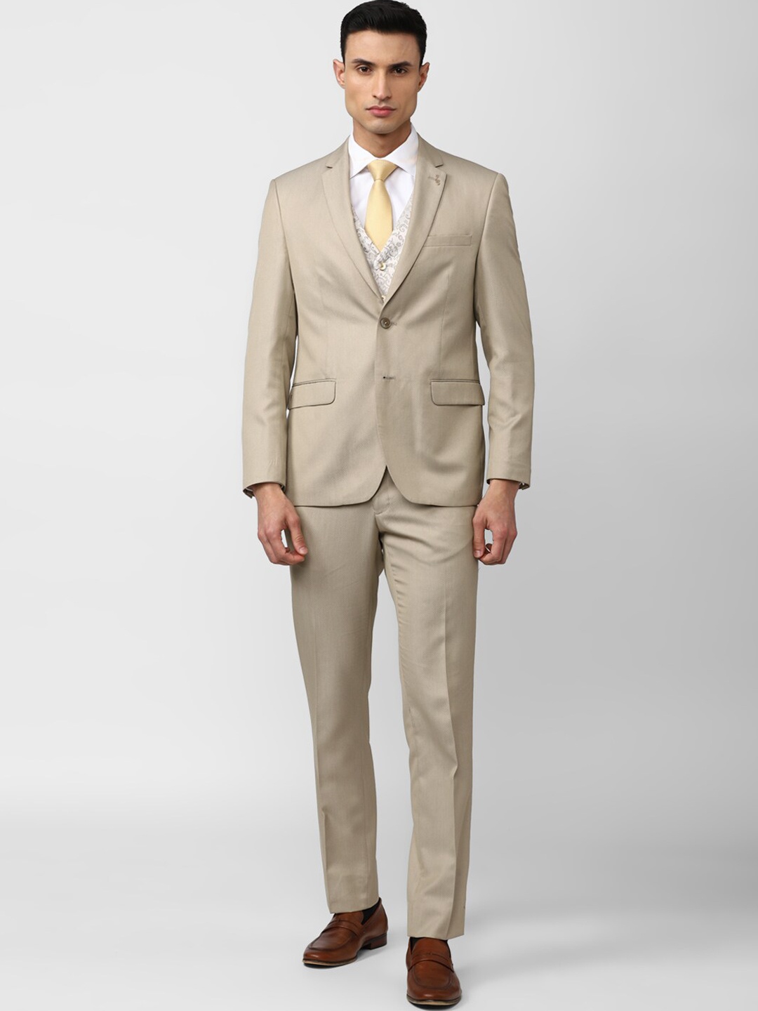 

Van Heusen Men Self Designed 3-Piece Single-Breasted Formal Suit, Cream