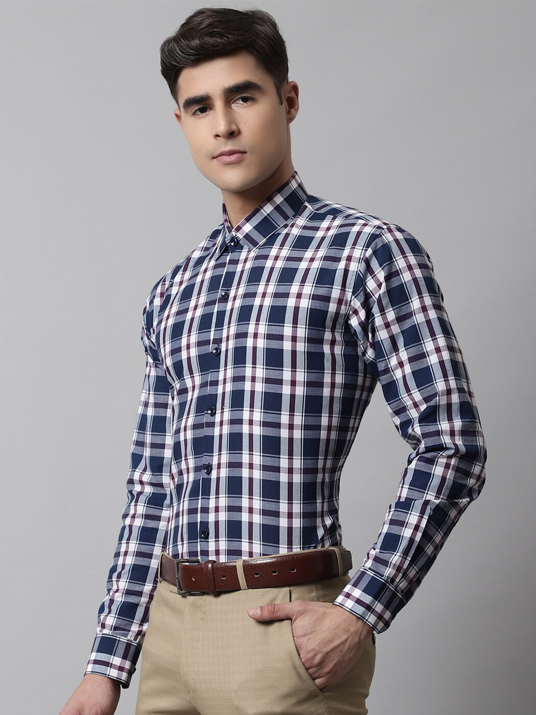 

JAINISH Men Classic Tartan Checks Checked Formal Cotton Shirt, Navy blue