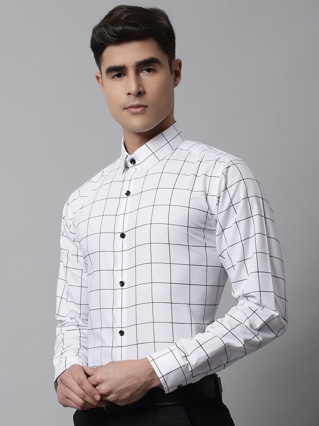 

JAINISH Men Classic Windowpane Checked Pure Cotton Formal Shirt, White
