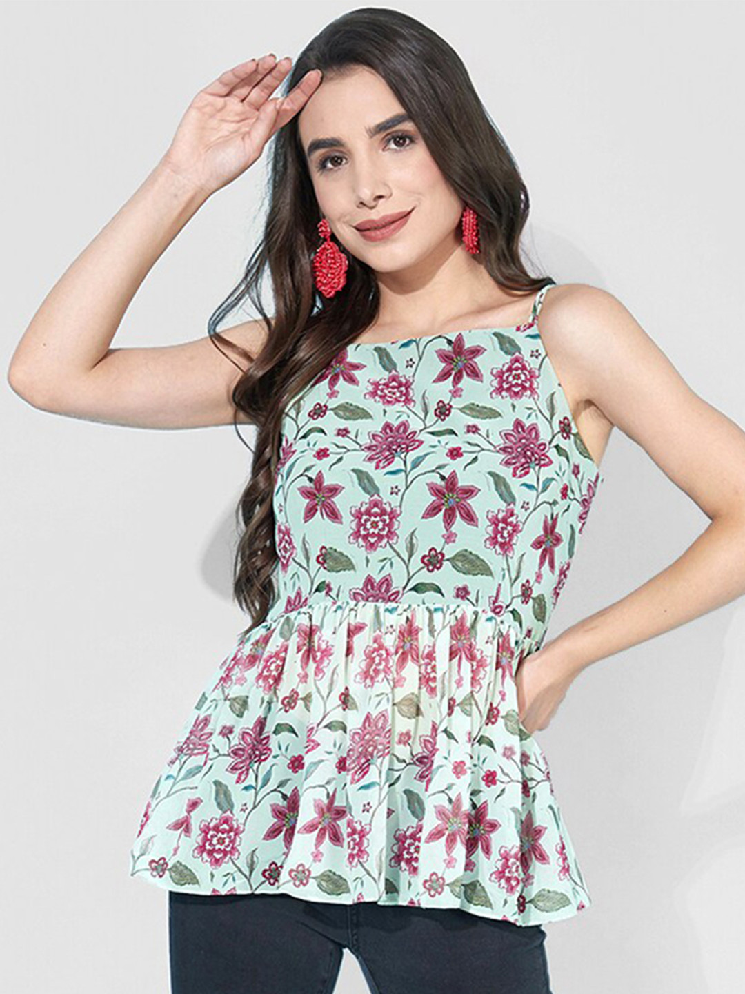 

Selvia Floral Print Shoulder Strap Top, Green