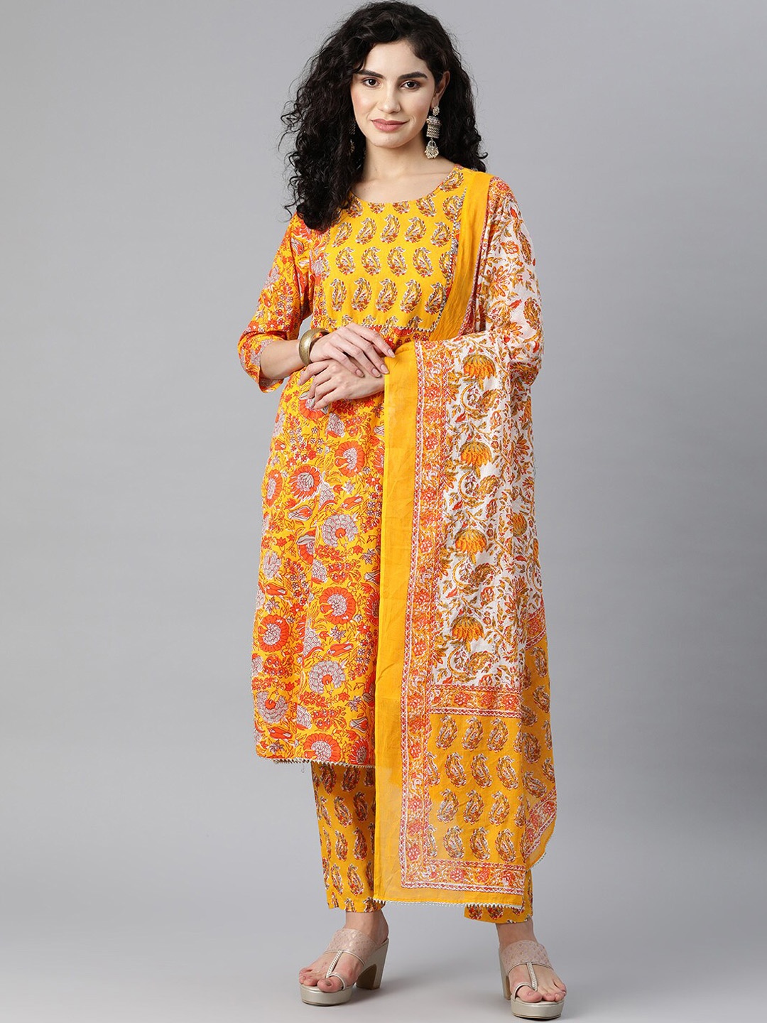

Glorious Women Floral Printed Pure Cotton Kurta with Trousers & Dupatta, Mustard