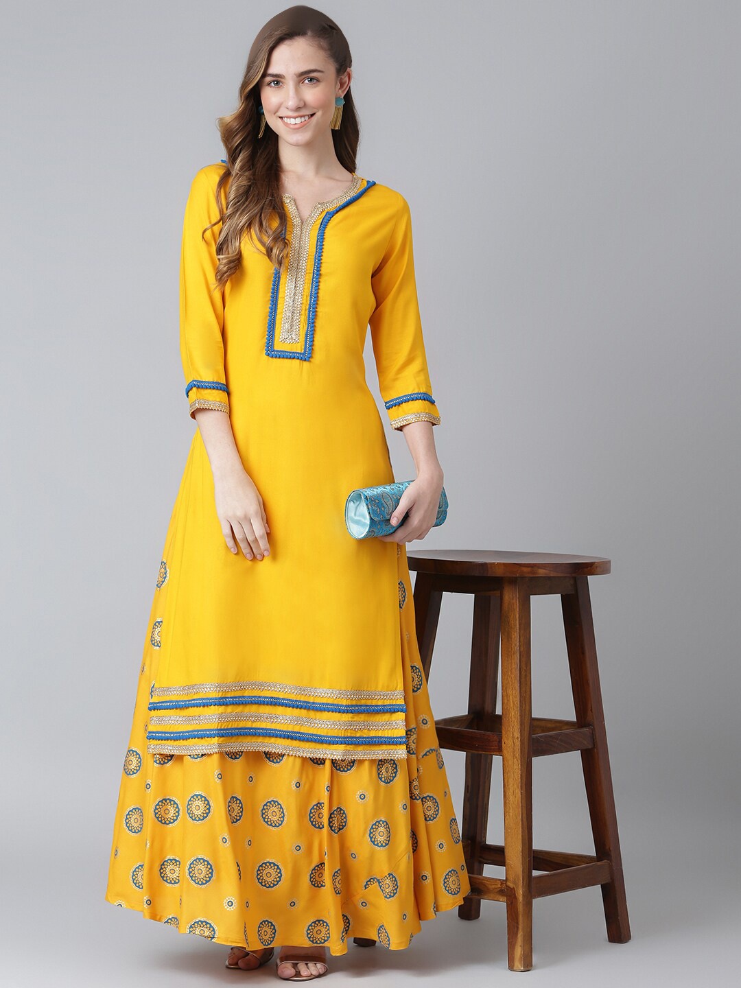 

Khushal K Embroidered Notch Neck Kurta with Skirt, Yellow