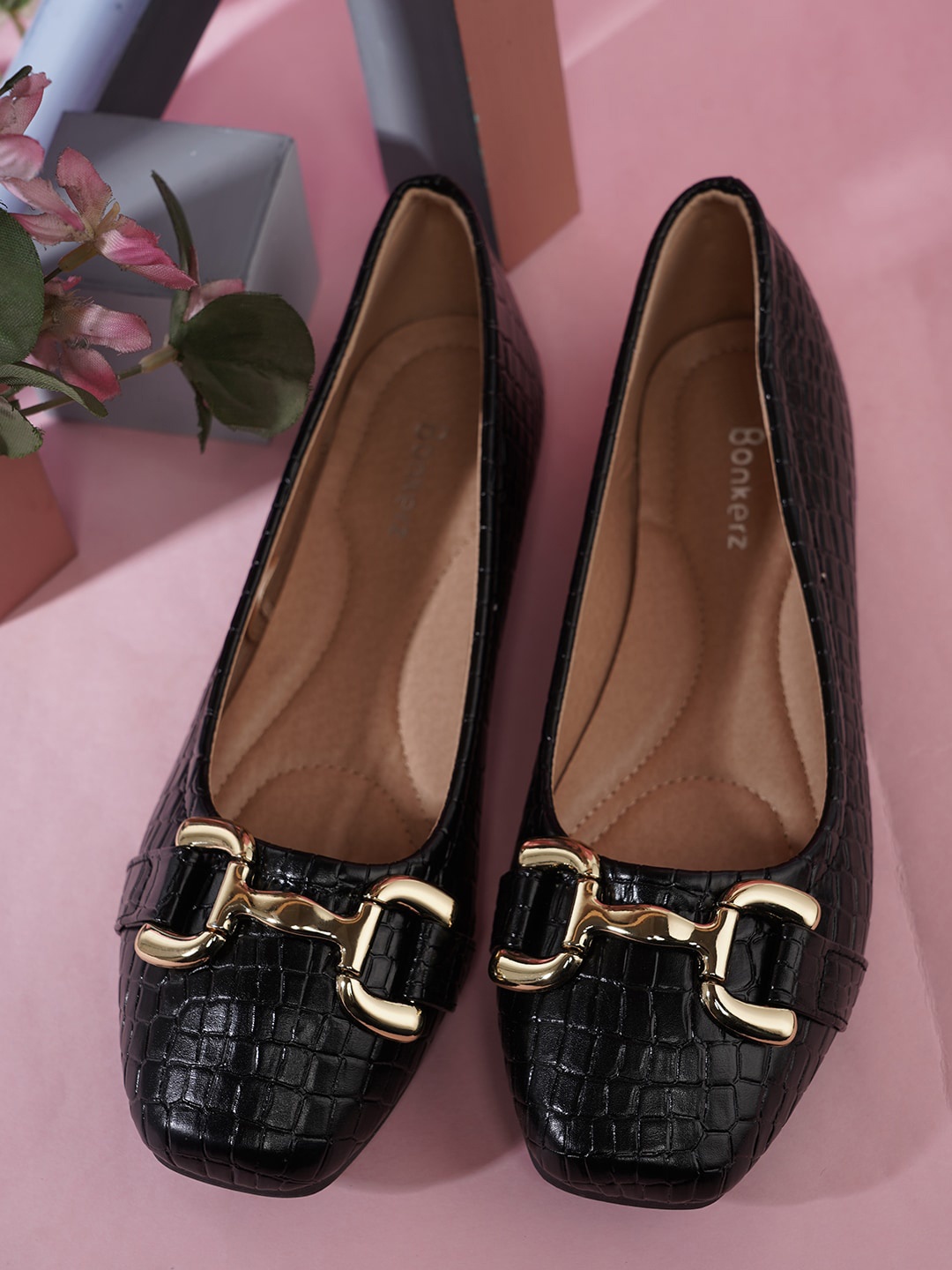 

Bonkerz Women Textured Ballerinas With Buckles, Black