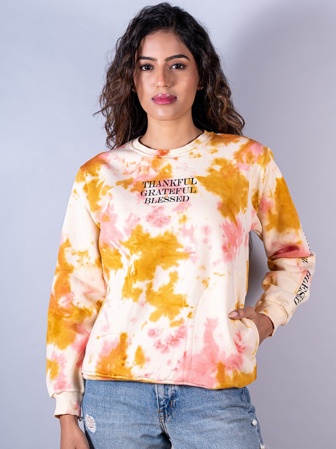 

Tistabene Women Round Neck Tie-Dye Printed Cotton Sweatshirt, White