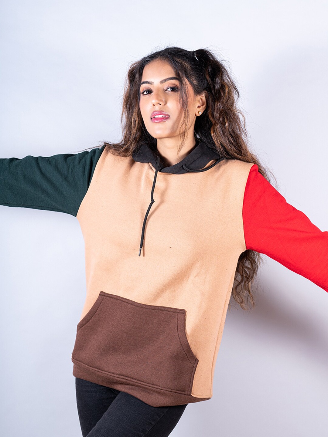 

Tistabene Women Colourblocked Hooded Cotton Sweatshirt, Brown