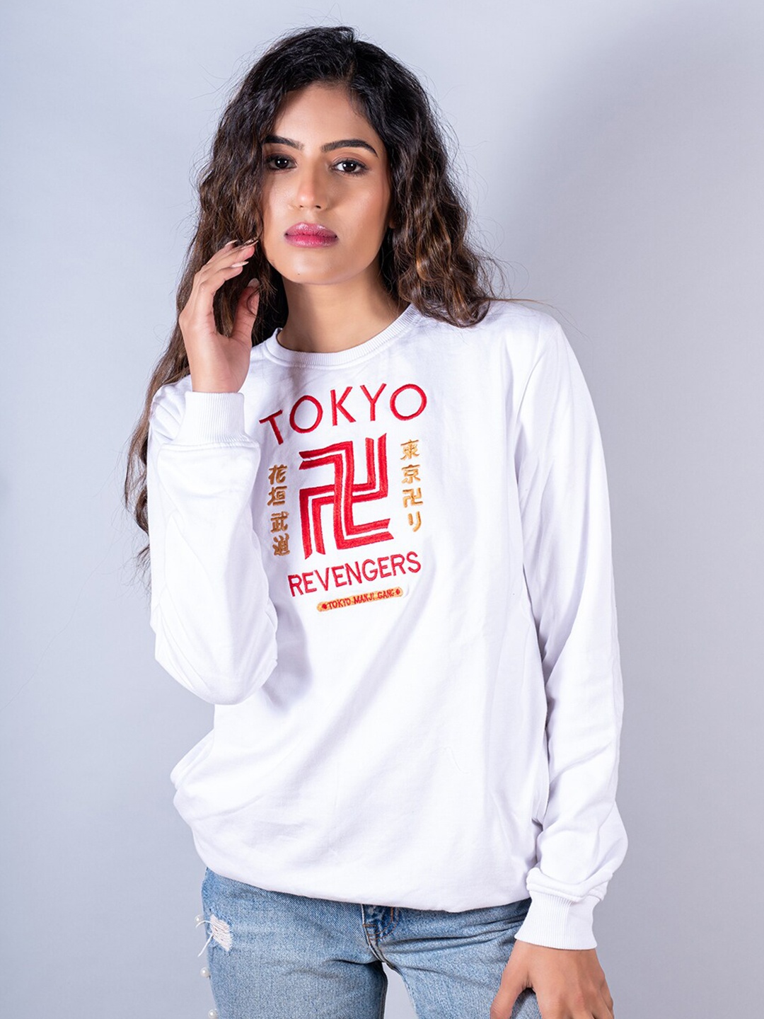 

Tistabene Women Printed Round Neck Cotton Sweatshirt, White