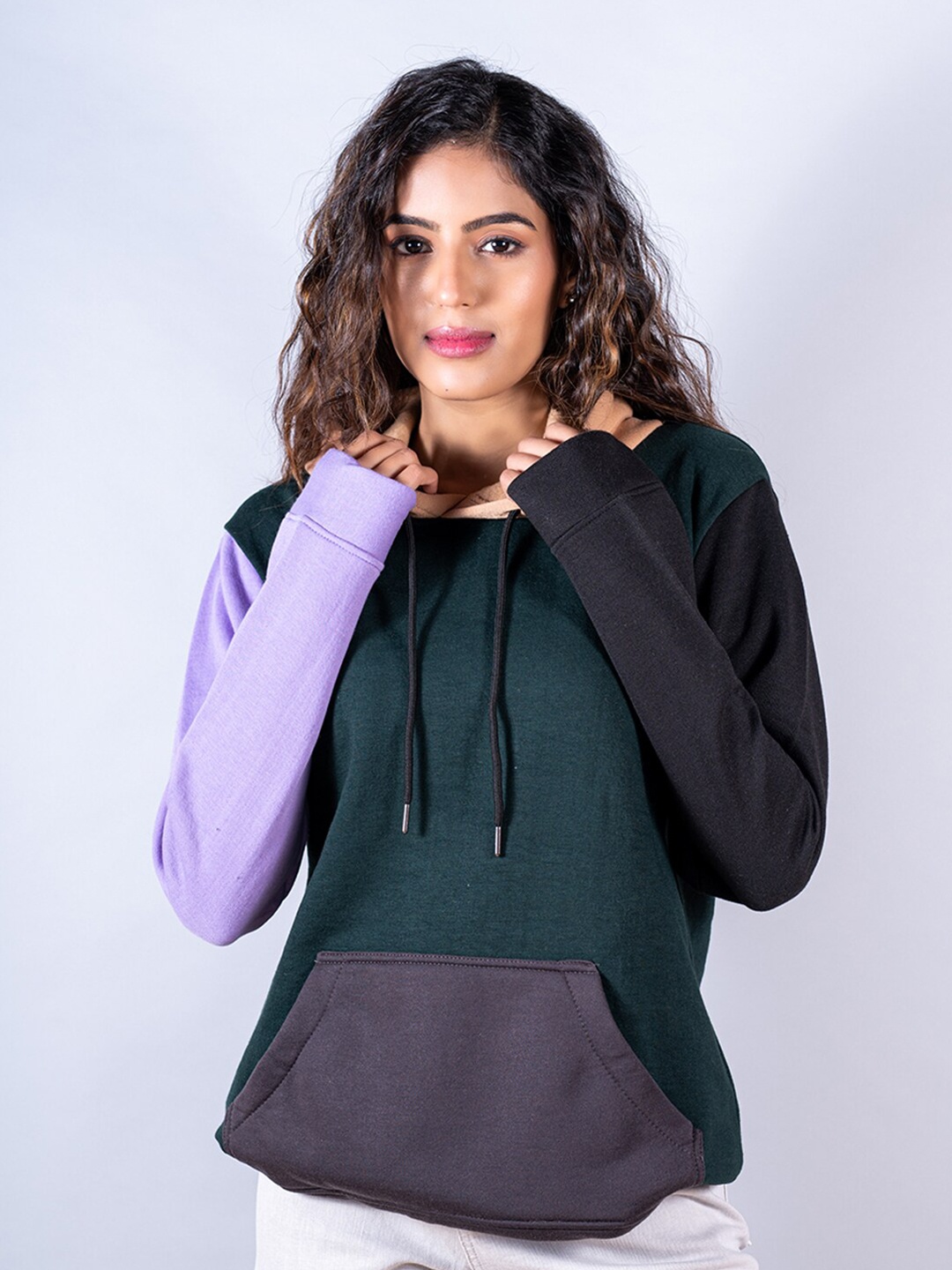 

Tistabene Women Colourblocked Hooded Cotton Sweatshirt, Green