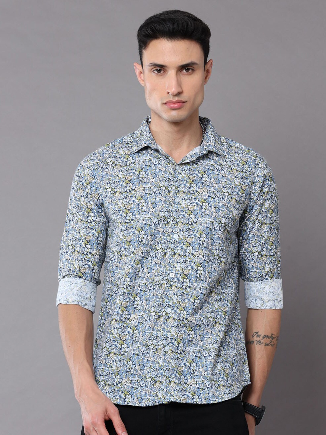 

Bushirt Men Floral Printed Cotton Casual Shirt, Grey