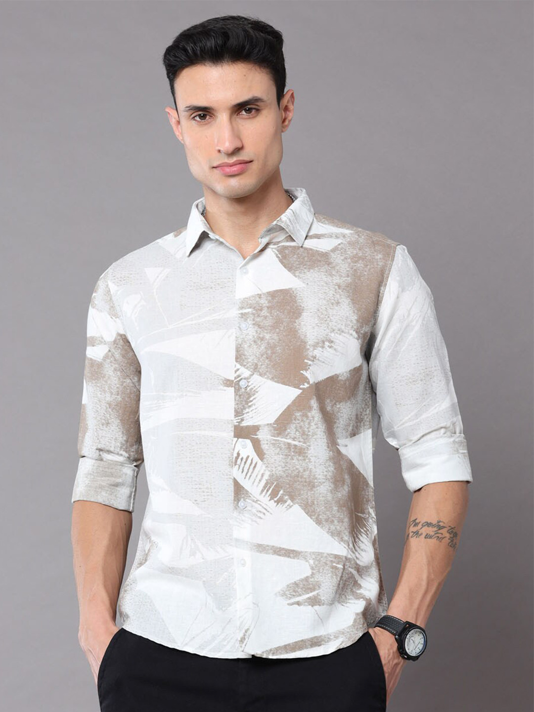 

Bushirt Men Classic Floral Printed Pure Cotton Casual Shirt, Brown