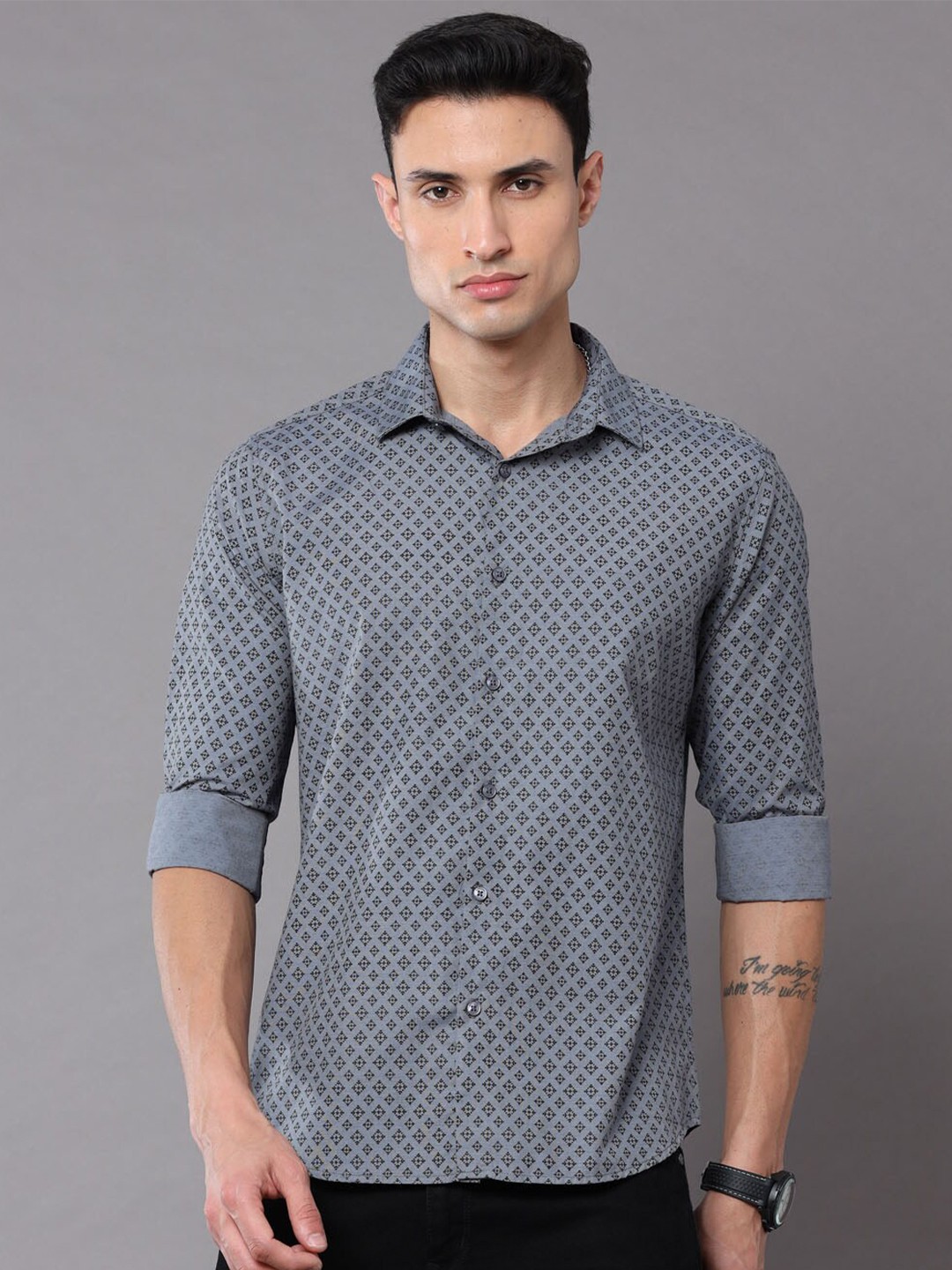 

Bushirt Men Printed Cotton Casual Shirt, Grey