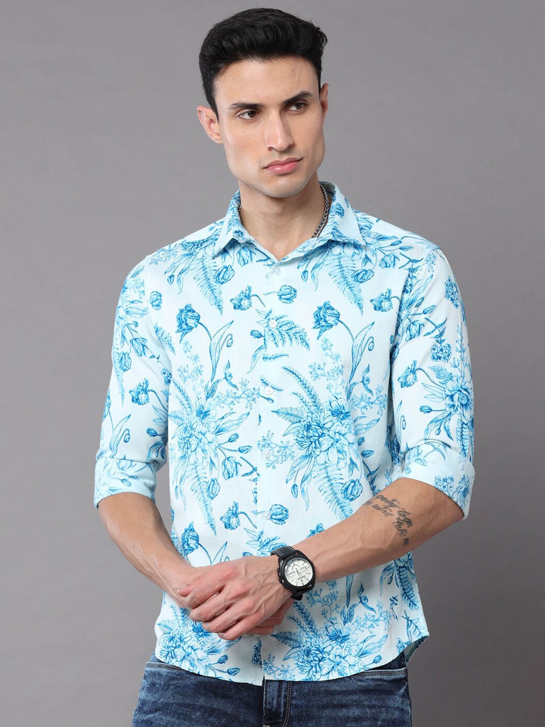 

Bushirt Men Floral Printed Casual Shirt, White