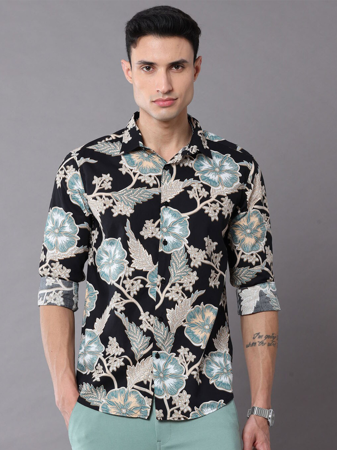 

Bushirt Men Classic Floral Printed Pure Cotton Casual Shirt, Black