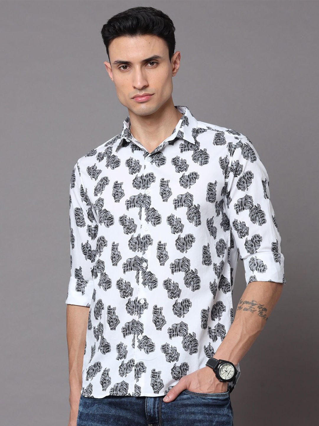 

Bushirt Men Classic Printed Casual Cotton Shirt, White