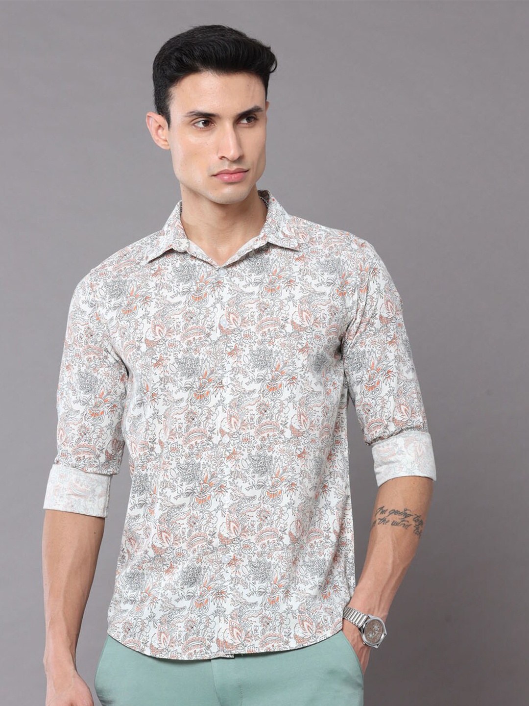 

Bushirt Men Classic Floral Printed Casual Cotton Shirt, Cream