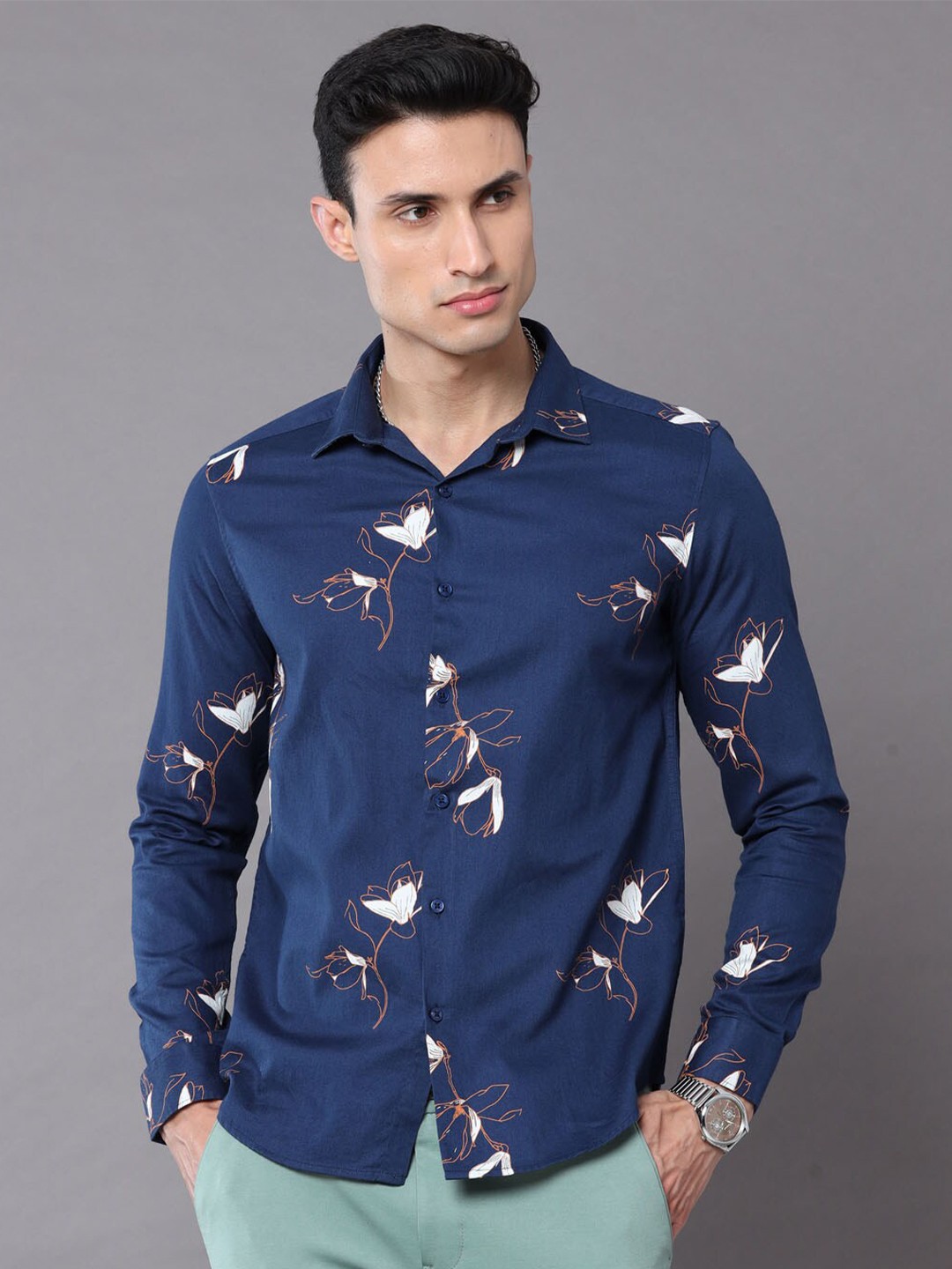 

Bushirt Men Classic Floral Printed Casual Shirt, Navy blue