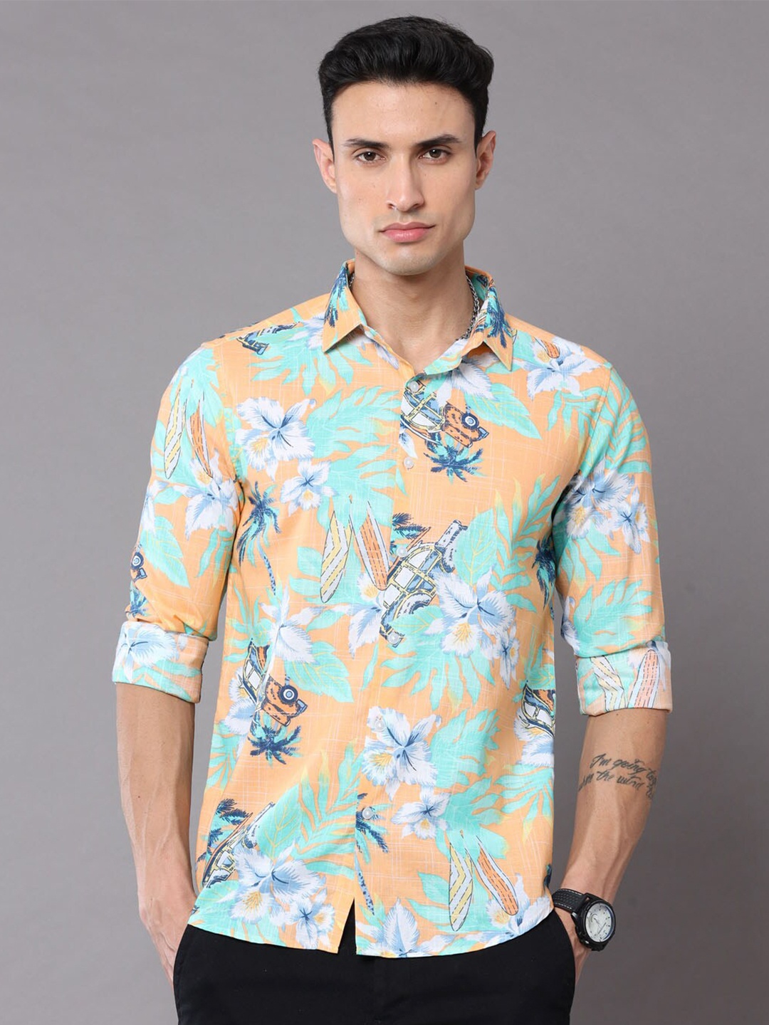 

Bushirt Men Classic Floral Printed Casual Shirt, Orange