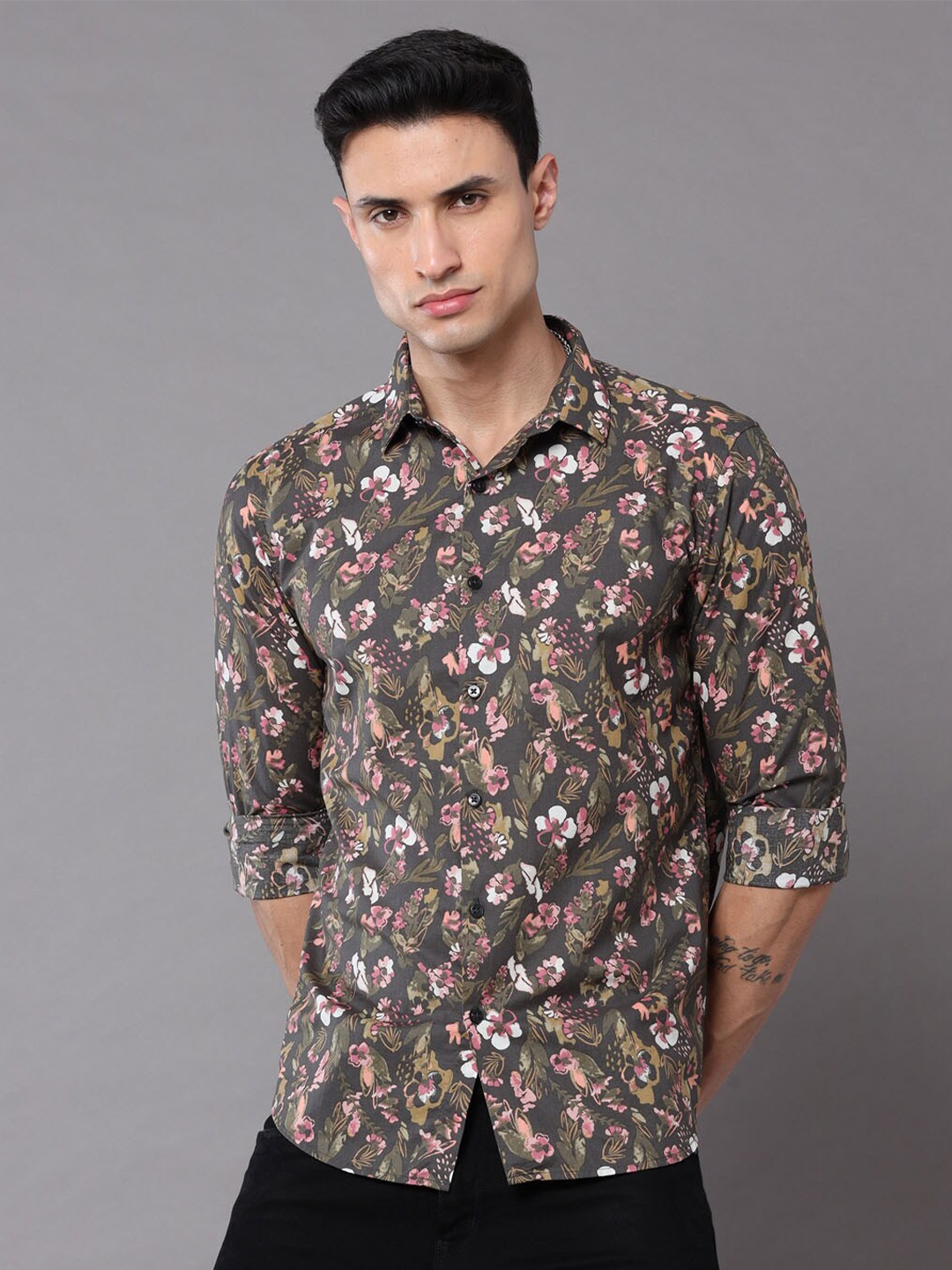 

Bushirt Men Classic Floral Printed Casual Shirt, Olive