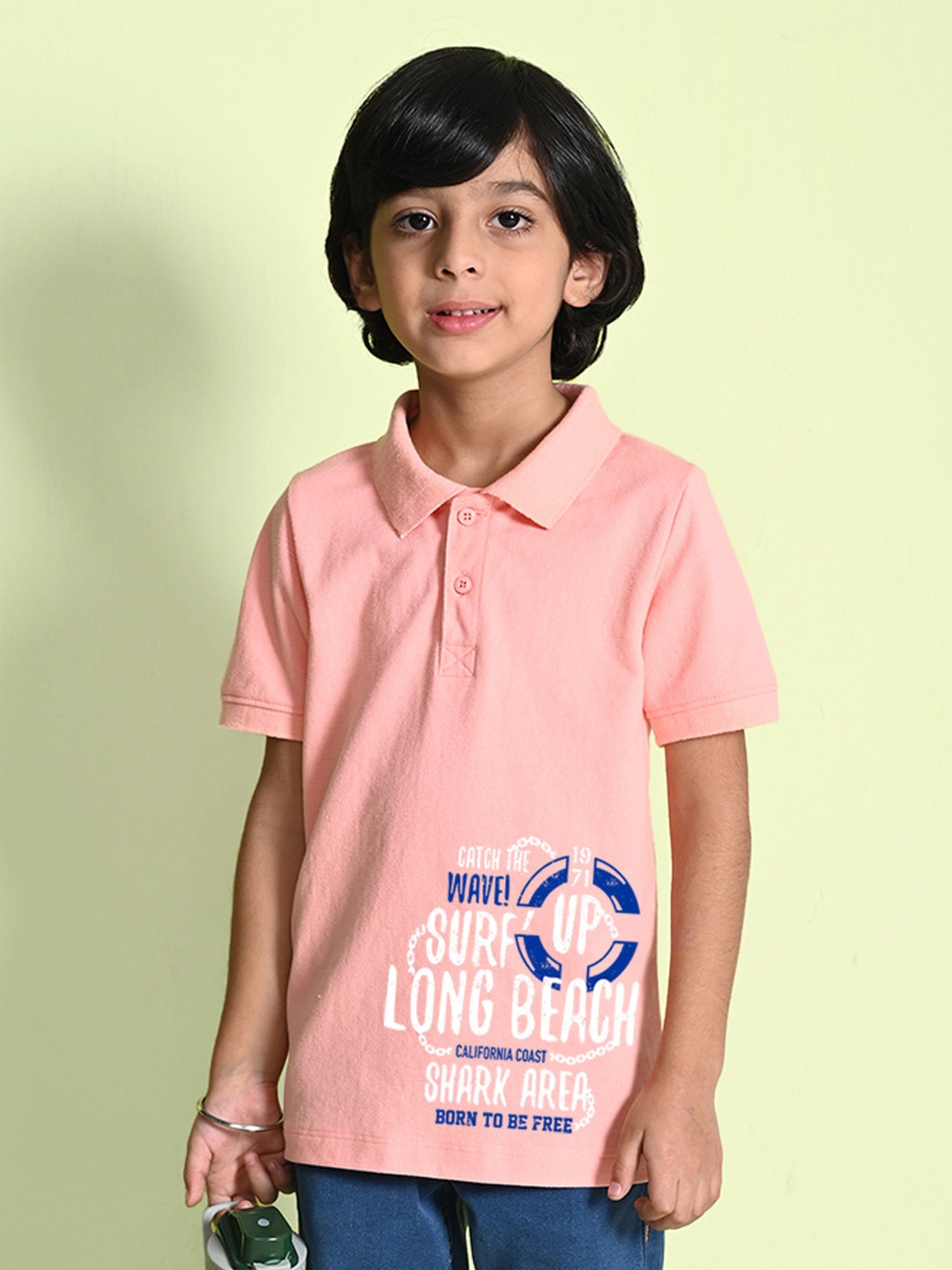 NUSYL Boys Typography Printed Polo Collar T-shirt, Peach