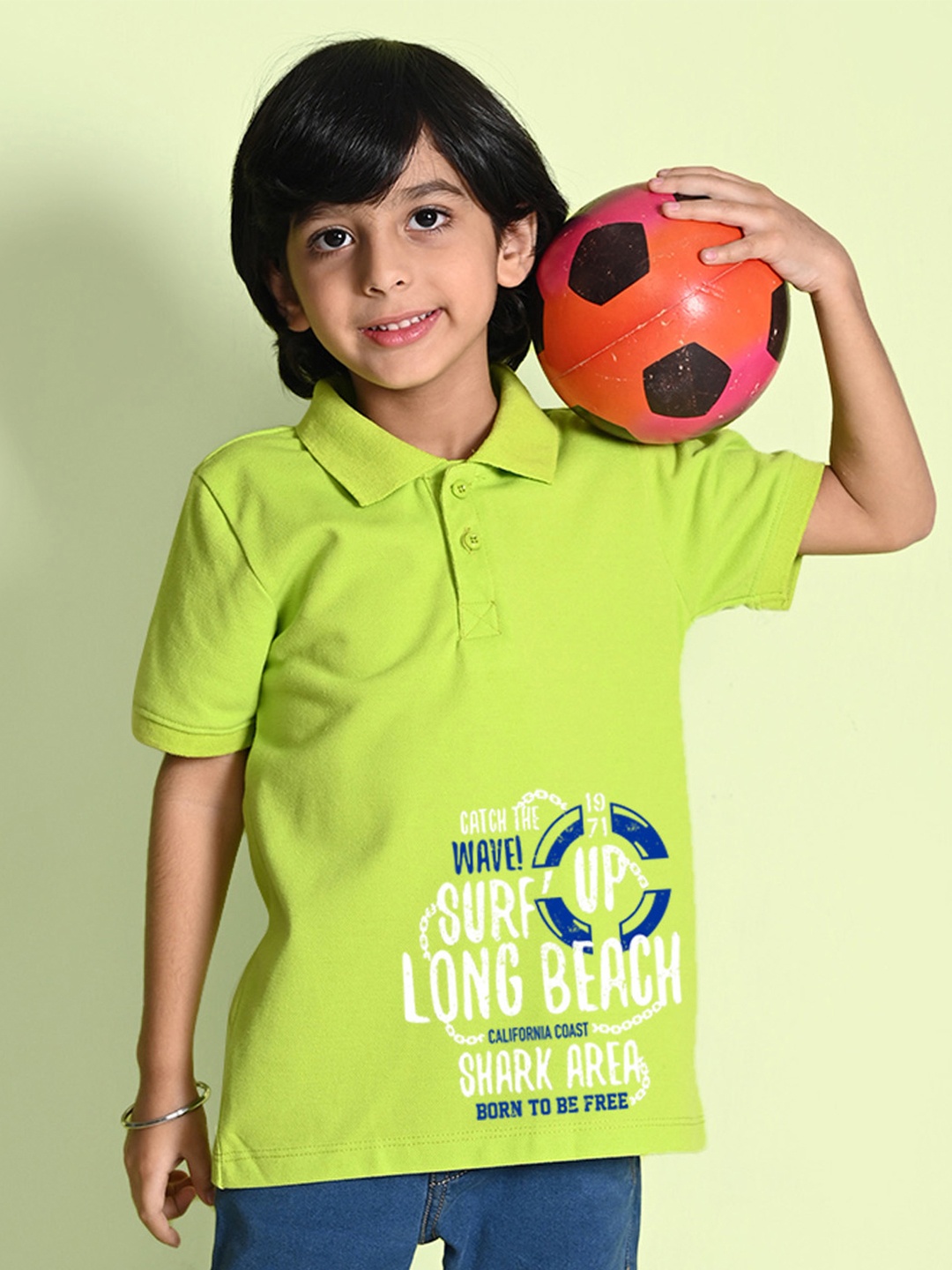 

NUSYL Boys Printed Cotton Polo Collar T-shirt, Green
