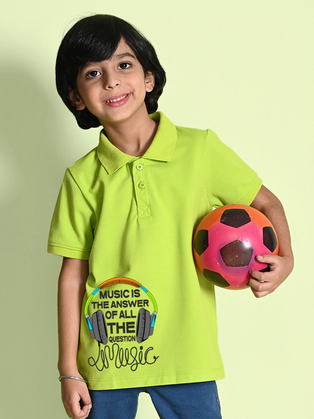 

NUSYL Boys Typography Printed Cotton Polo Collar T-shirt, Green