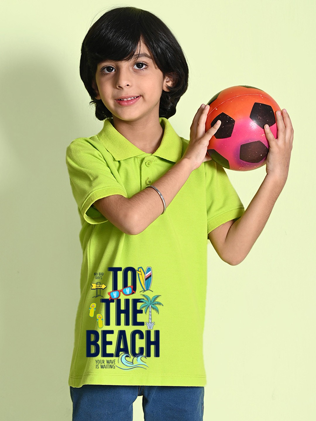 

NUSYL Boys Typography Printed Polo Collar Cotton T-shirt, Lime green