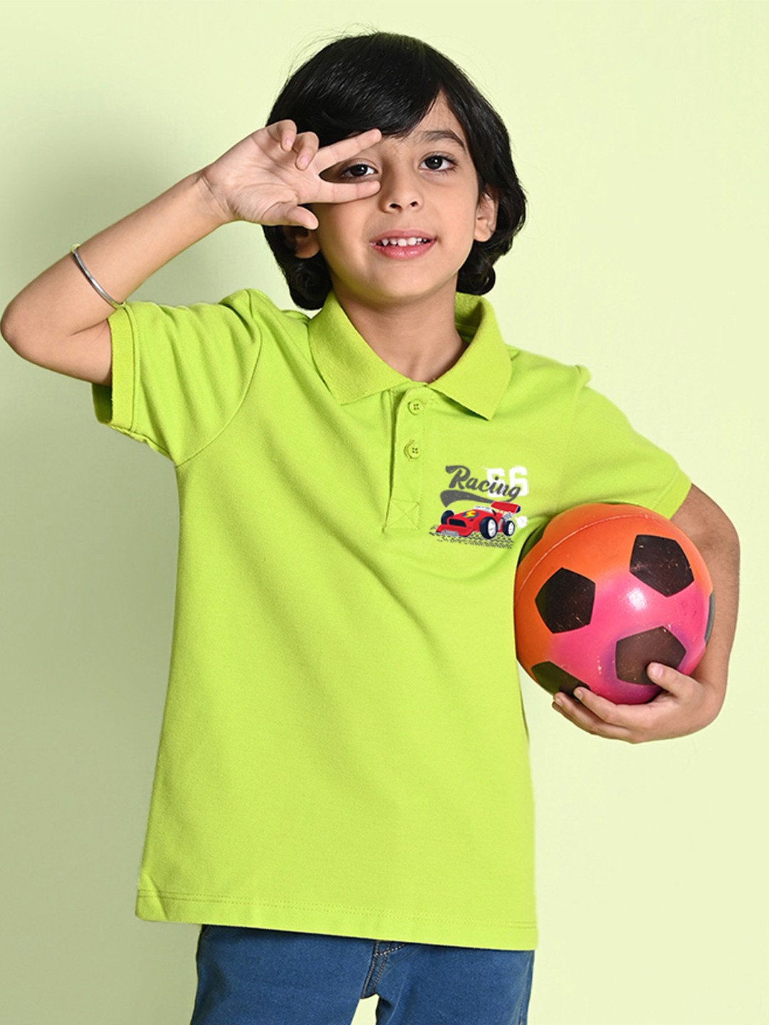 

NUSYL Boys Typography Printed Polo Collar T-shirt, Lime green