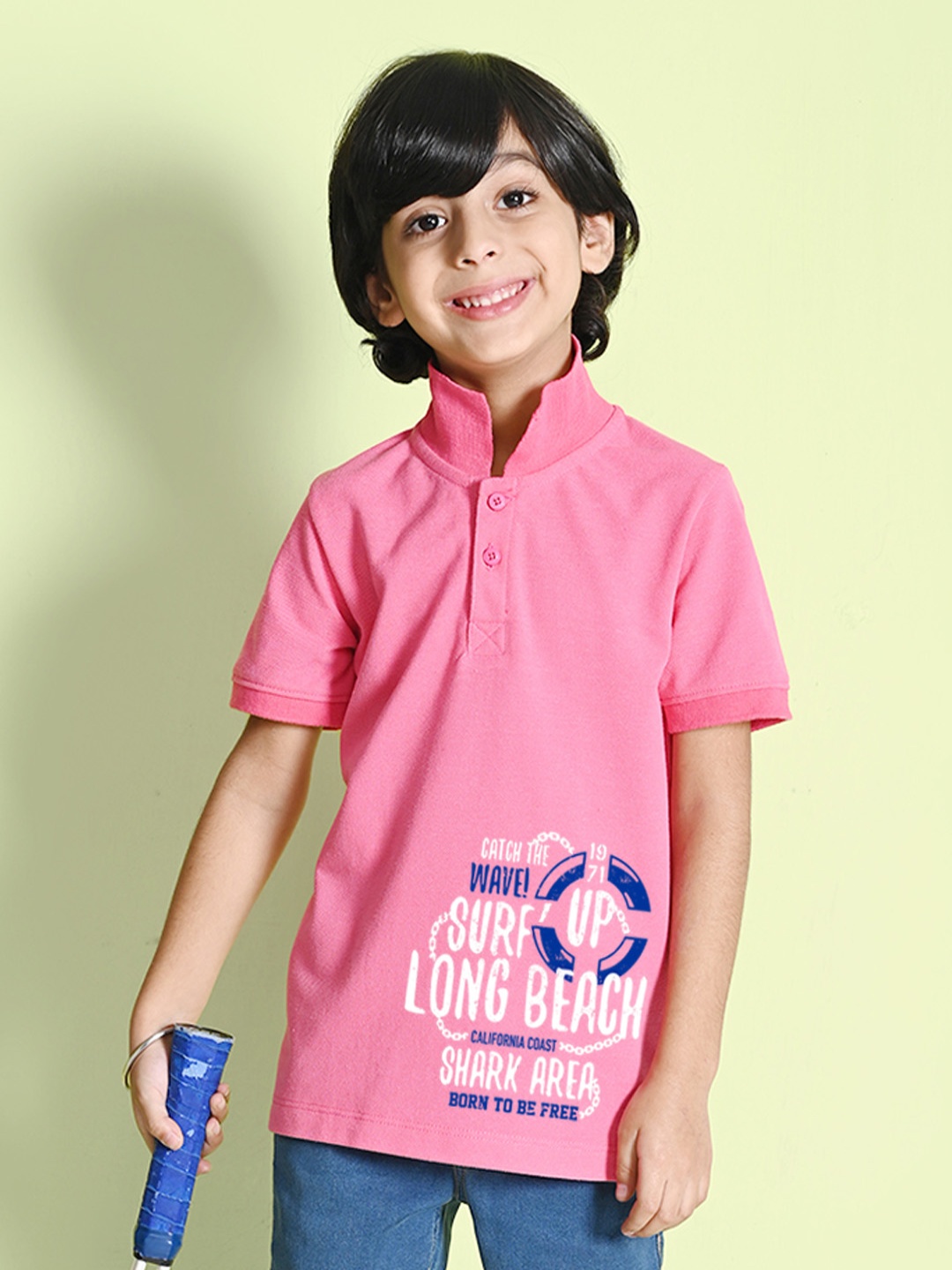 

NUSYL Boys Typography Printed Cotton Polo Collar T-shirt, Pink