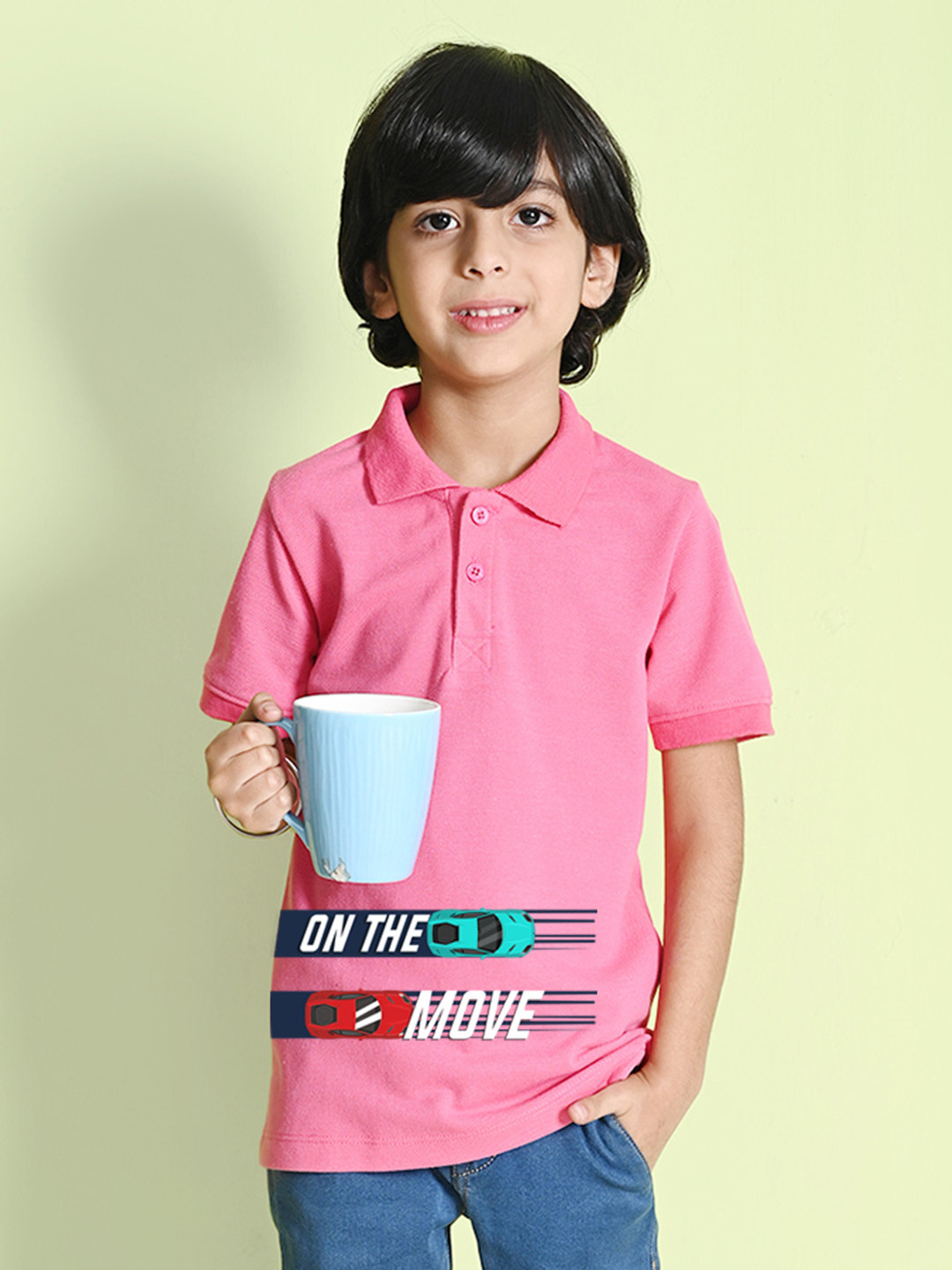 

NUSYL Boys Typography Printed Polo Collar Cotton T-shirt, Pink