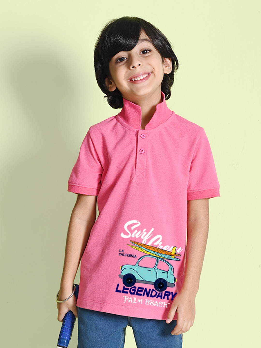 

NUSYL Boys Typography Printed Polo Collar Cotton T-shirt, Pink