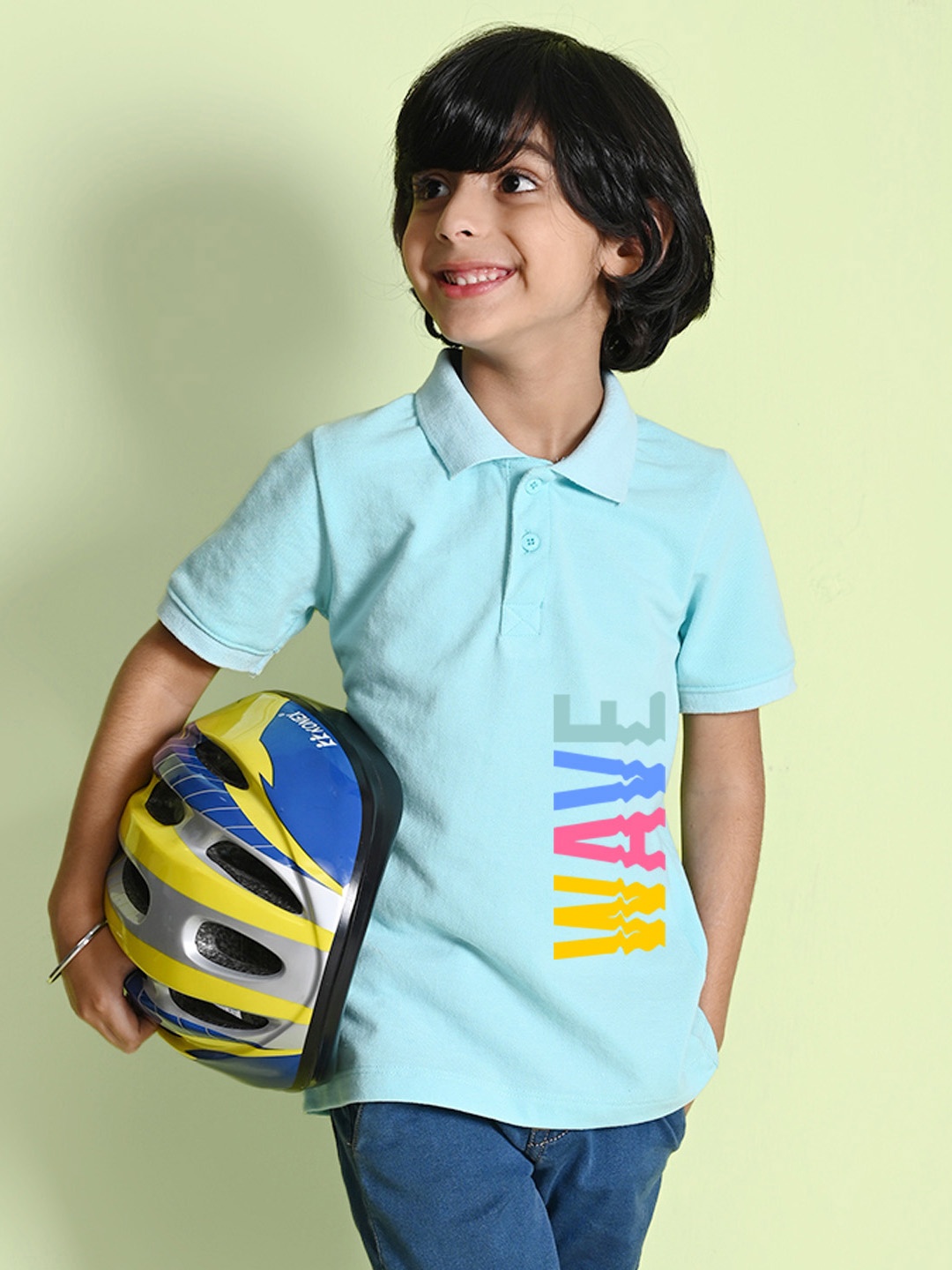 NUSYL Boys Typography Printed Polo Collar Cotton T-shirt, Blue