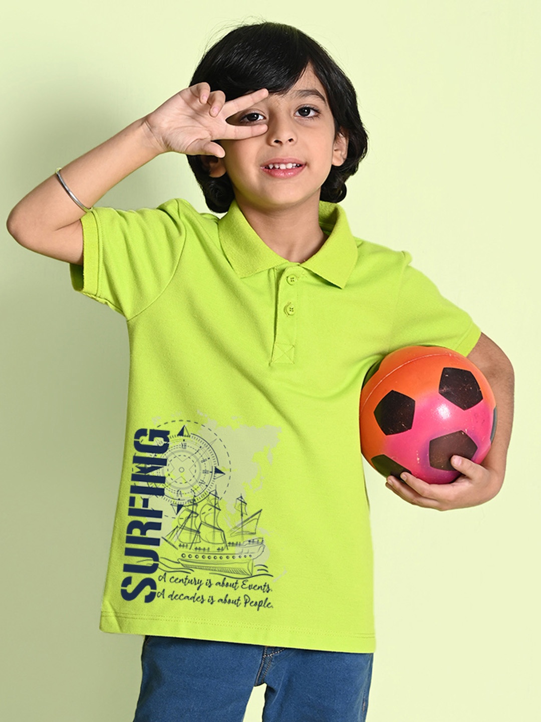 NUSYL Boys Typography Printed Polo Collar T-shirt, Green