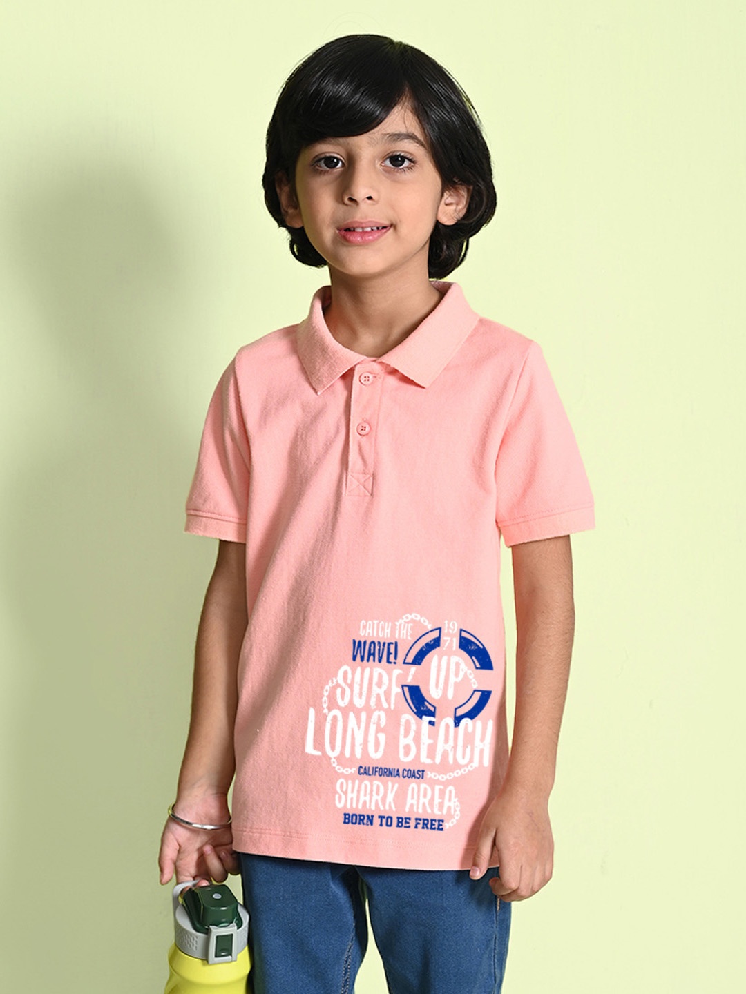 

NUSYL Boys Typography Printed Polo Collar T-shirt, Peach