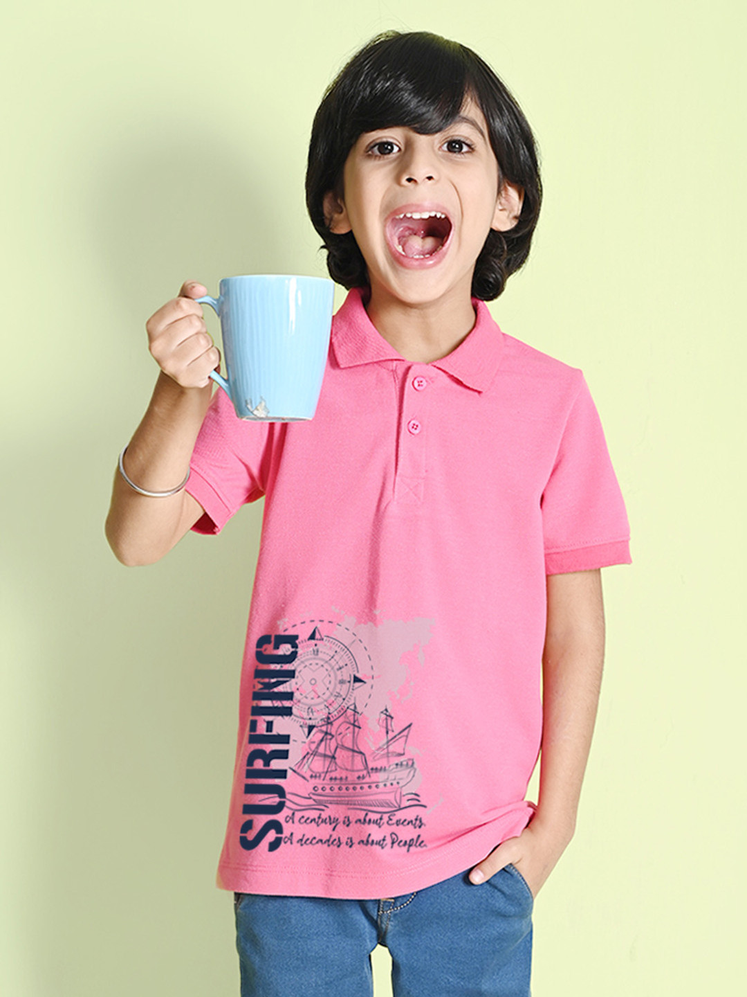 

NUSYL Boys Typography Printed Polo Collar T-shirt, Pink