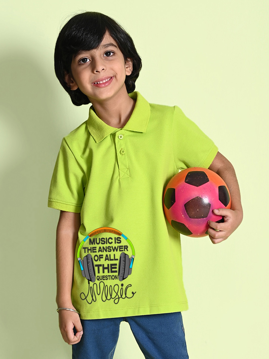 NUSYL Boys Cotton Typography Printed Polo Collar T-shirt, Green