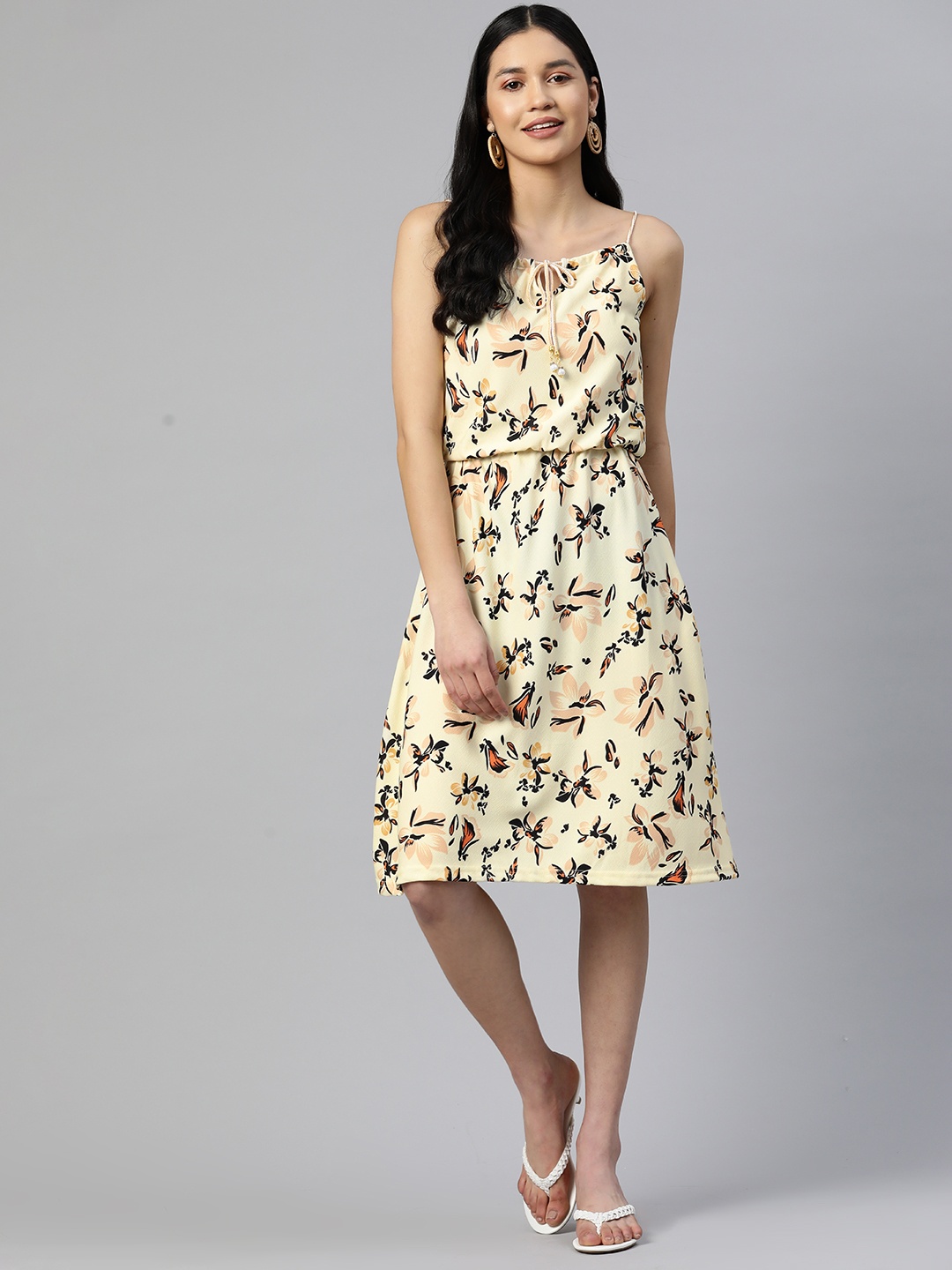 

SERONA FABRICS Floral Print Tie-Up Neck A-Line Dress, Cream